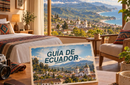 Ilustración generada con IA de una habitación con una vista combinada de los Andes, una ciudad ecuatoriana y la costa, con una postal de una guía de Ecuador.