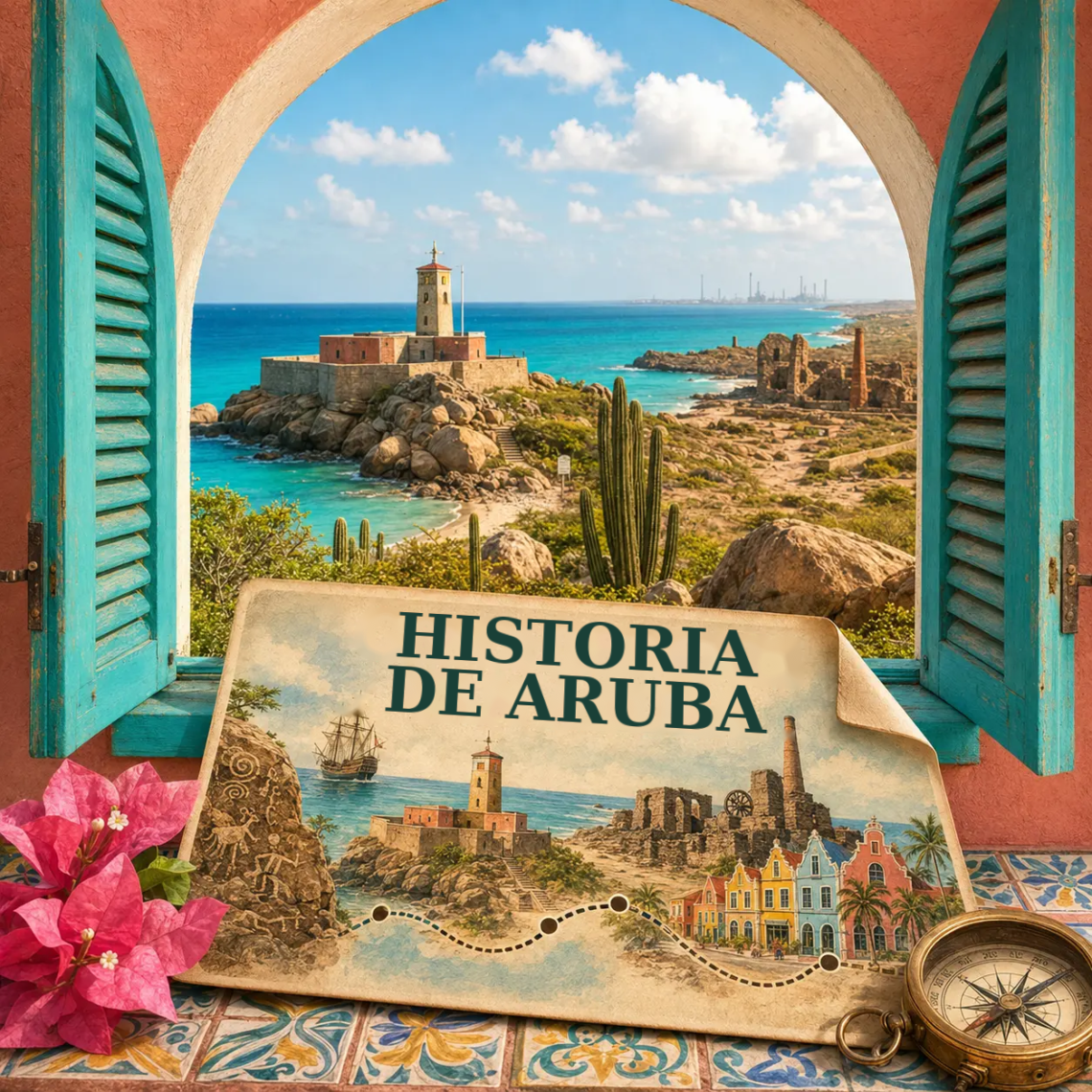 Ilustración generada con IA de una ventana de estilo colonial con vistas a ruinas costeras y una postal con lugares históricos de Aruba.