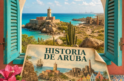 Ilustración generada con IA de una ventana de estilo colonial con vistas a ruinas costeras y una postal con lugares históricos de Aruba.
