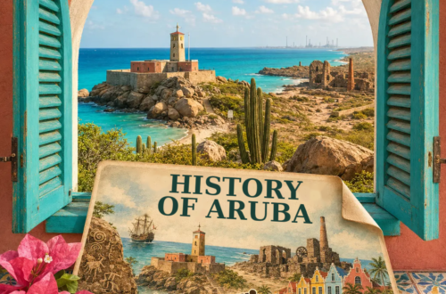 AI-generated illustration of a colonial-style window overlooking coastal ruins, with a postcard showing historical places in Aruba.