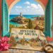 AI-generated illustration of a colonial-style window overlooking coastal ruins, with a postcard showing historical places in Aruba.