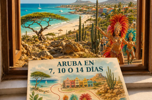 Ilustración generada con IA de una habitación con vistas a playas, paisajes rocosos y escenas de carnaval de Aruba, con una postal de un itinerario.