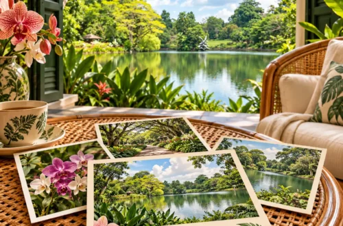 Ilustración generada con IA en estilo postal para Jardines Botánicos de Singapur