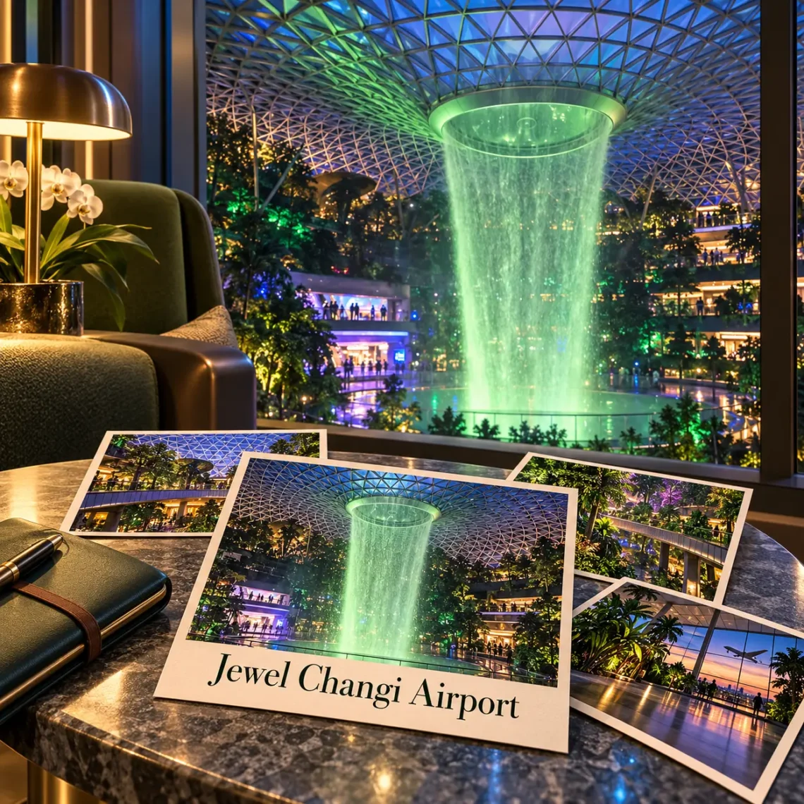 AI-sfeerillustratie van Jewel Changi Airport met tropisch groen en de Rain Vortex