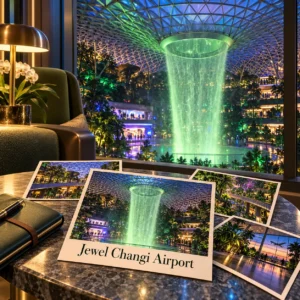 AI-sfeerillustratie van Jewel Changi Airport met tropisch groen en de Rain Vortex