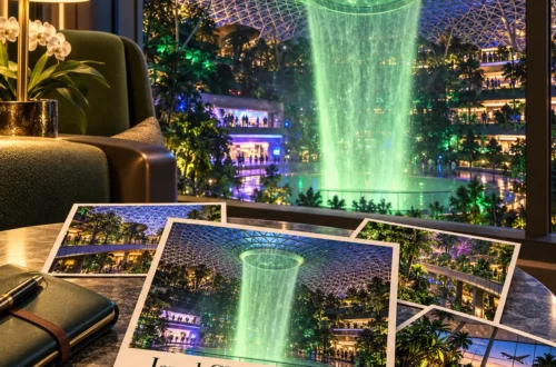 AI-sfeerillustratie van Jewel Changi Airport met tropisch groen en de Rain Vortex