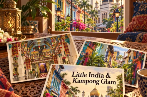 Ilustración generada con IA en estilo postal para Little India y Kampong Glam