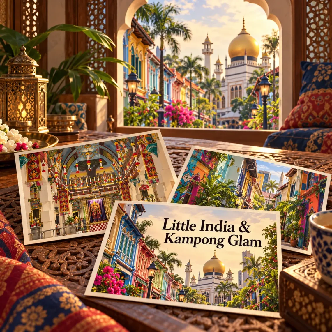 AI-generated postcard illustration for Little India and Kampong Glam