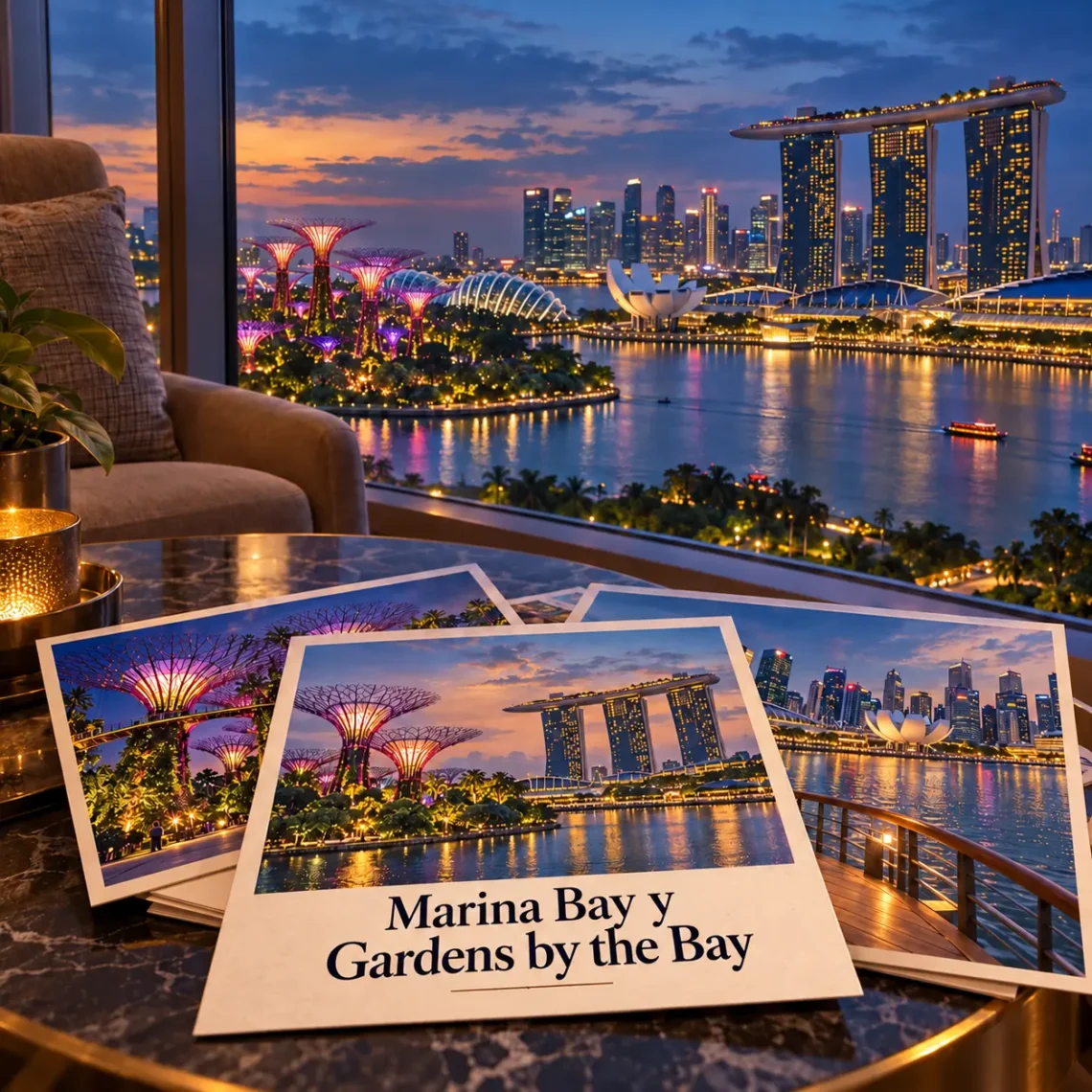 Ilustración generada con IA en estilo postal para Marina Bay y Gardens by the Bay