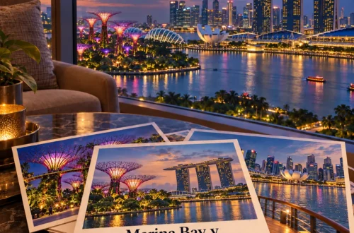 Ilustración generada con IA en estilo postal para Marina Bay y Gardens by the Bay