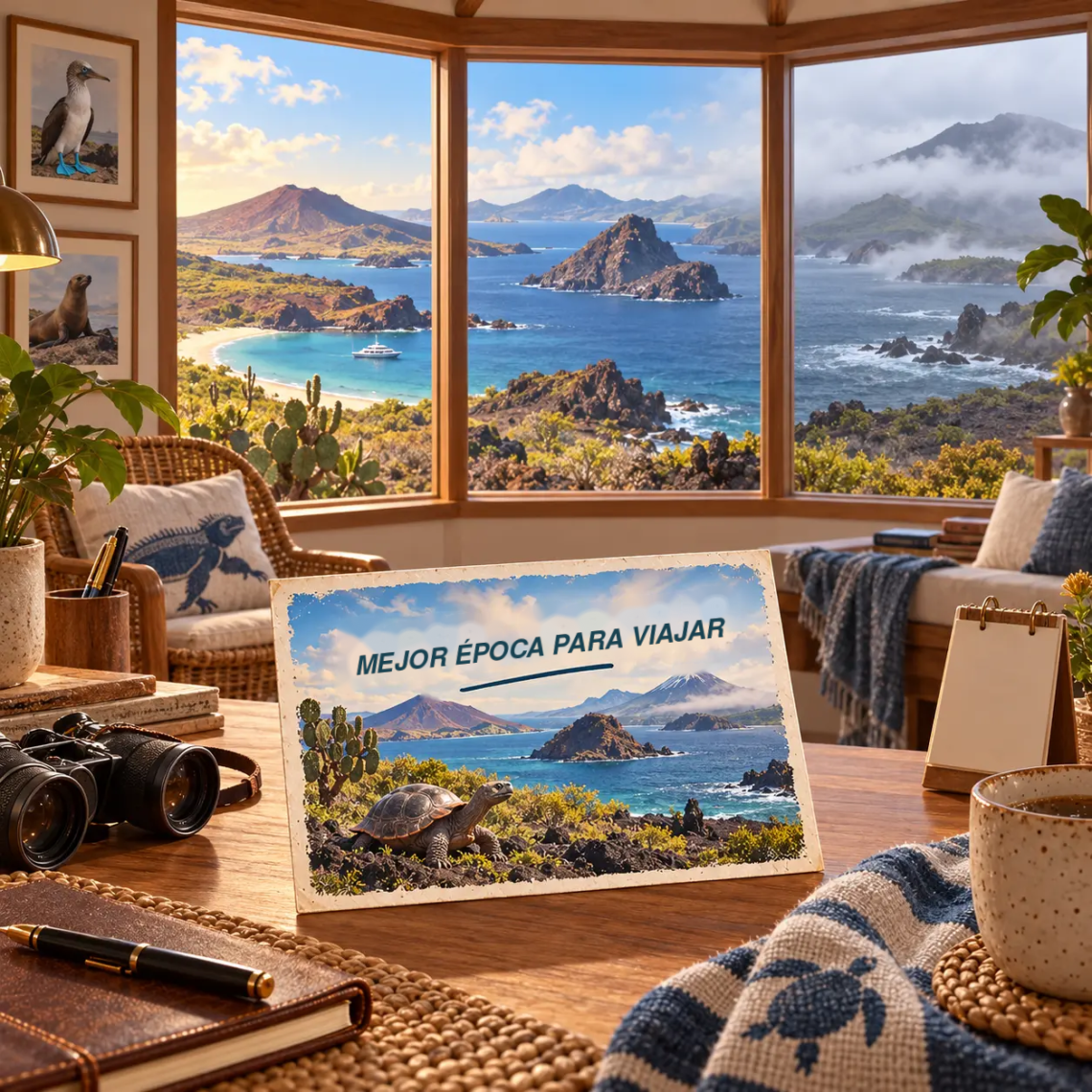 Ilustración generada con IA de una habitación con vistas a paisajes soleados y brumosos de Galápagos y una postal sobre la mejor época para viajar.