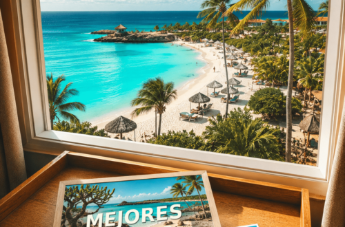 Ilustración generada con IA de una habitación con vistas a una playa de arena blanca, mar turquesa y palmeras de Aruba, con una postal de playas.