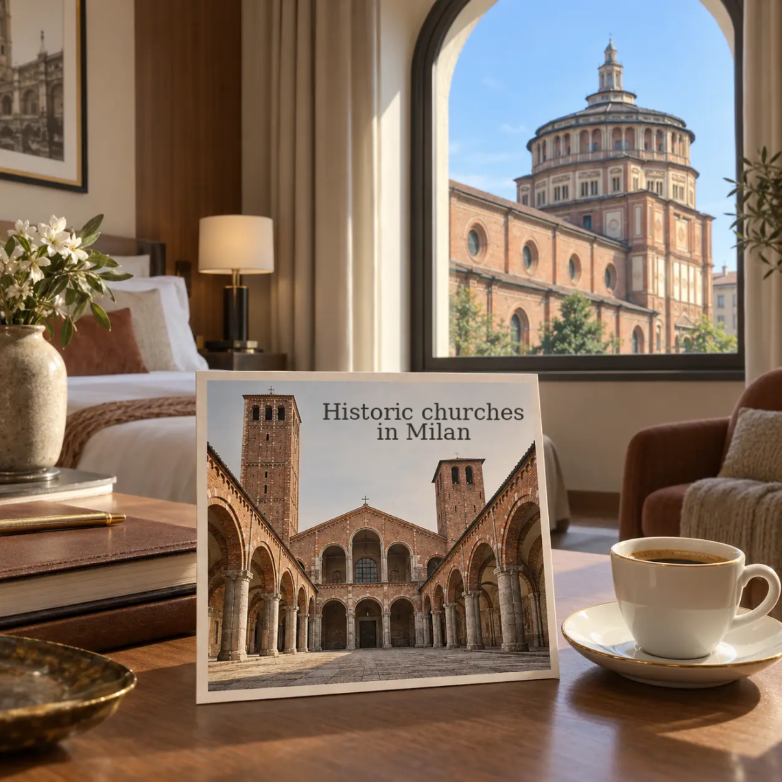 AI-generated illustration of a hotel room overlooking Santa Maria delle Grazie, with a postcard of Sant’Ambrogio.