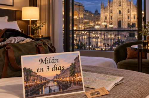 Ilustración generada con IA de una habitación con vistas al Duomo de Milán al anochecer y una postal de los canales de Navigli.