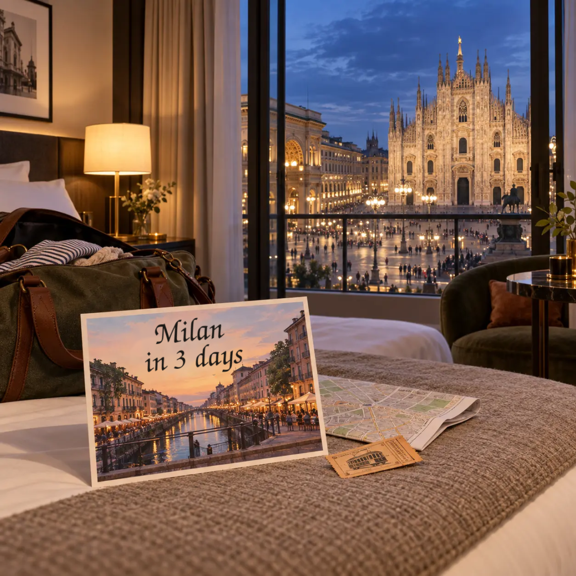AI-generated illustration of a hotel room overlooking Milan Cathedral at dusk, with a postcard of the Navigli canals.