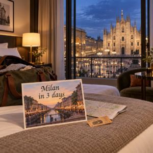 AI-generated illustration of a hotel room overlooking Milan Cathedral at dusk, with a postcard of the Navigli canals.