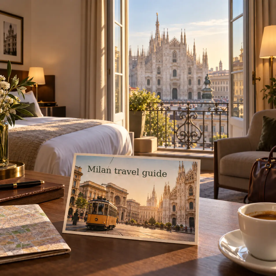 AI-generated illustration of a hotel room overlooking Milan Cathedral, with a postcard showing a historic tram and city landmarks.