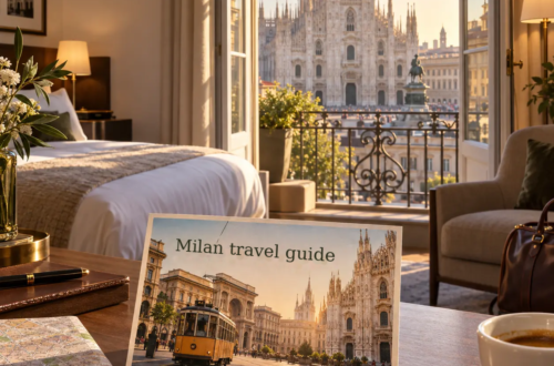 AI-generated illustration of a hotel room overlooking Milan Cathedral, with a postcard showing a historic tram and city landmarks.