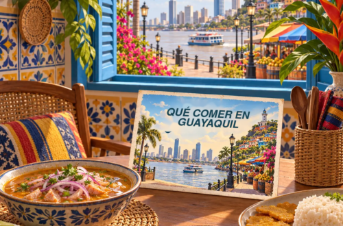 Ilustración generada con IA de un comedor con platos de la costa ecuatoriana, una postal sobre gastronomía de Guayaquil y vistas al malecón.