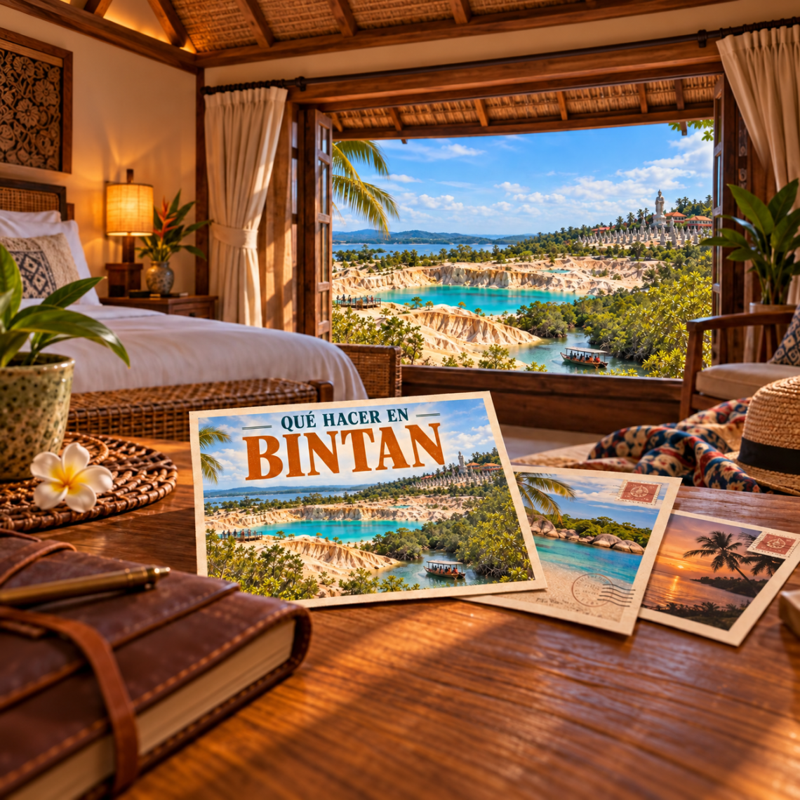 Ilustración generada con IA de unas postales en una habitación, con Blue Lake, templos y manglares de Bintan