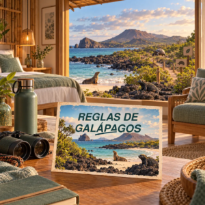 Ilustración generada con IA de un alojamiento ecológico con vistas a una costa protegida de Galápagos, con un león marino, una iguana y una tortuga, junto a una postal sobre las reglas de visita.