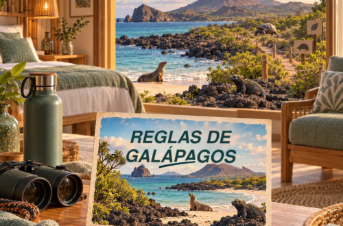 Ilustración generada con IA de un alojamiento ecológico con vistas a una costa protegida de Galápagos, con un león marino, una iguana y una tortuga, junto a una postal sobre las reglas de visita.