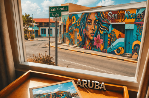 AI-generated illustration of a room overlooking colorful murals in San Nicolas, Aruba, with an Aruba postcard.