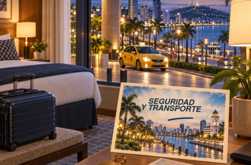 Ilustración generada con IA de una habitación con vistas a un taxi amarillo y al malecón iluminado de Guayaquil, con una postal sobre seguridad y transporte.