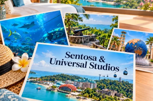 AI-generated postcard illustration for Sentosa and Universal Studios Singapore