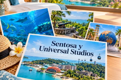Ilustración generada con IA en estilo postal para Sentosa y Universal Studios Singapur