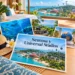 Ilustración generada con IA en estilo postal para Sentosa y Universal Studios Singapur