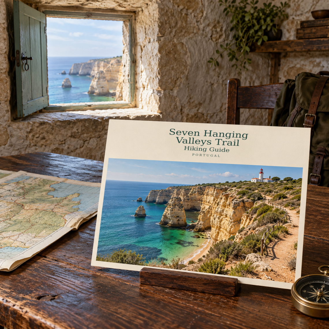 AI illustration with a postcard for Seven Hanging — Valleys Trail — Hiking Guide, beside a window overlooking the Algarve.