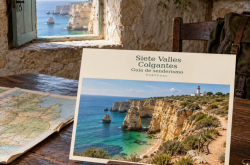 Ilustración con IA de una postal sobre Siete Valles — Colgantes — Guía de senderismo, junto a una ventana con vistas al Algarve.