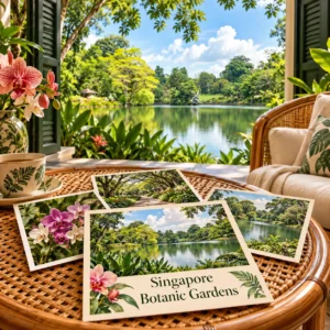 AI-sfeerillustratie met tropisch groen, orchideeën en een rustige tuin in Singapore Botanic Gardens