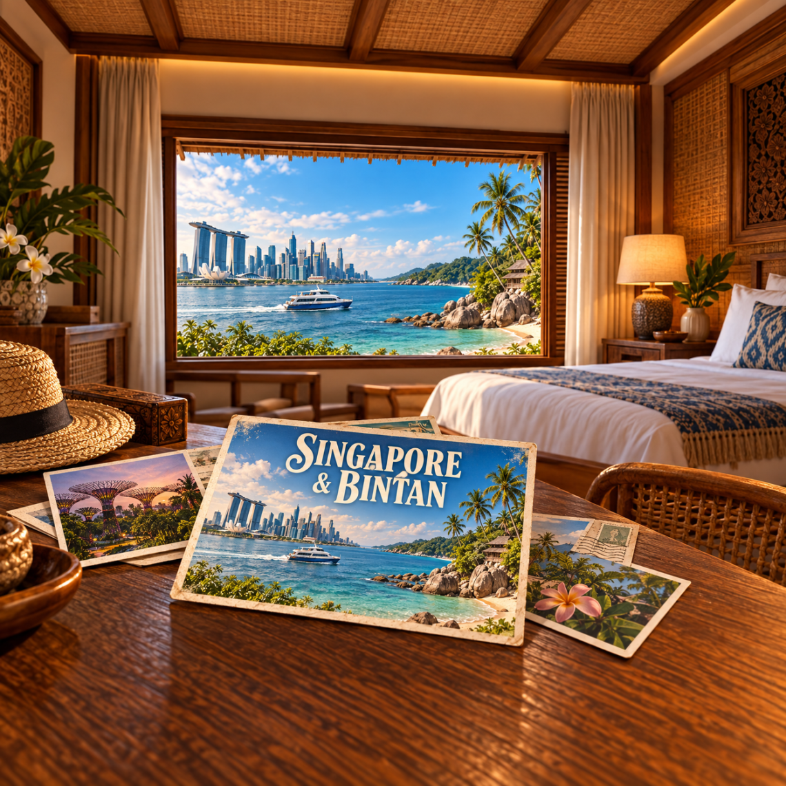 AI-sfeerillustratie met ansichtkaarten in een hotelkamer, de skyline van Singapore en de kust van Bintan