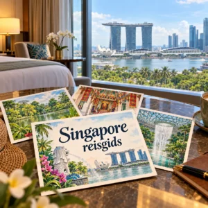 AI-illustratie in ansichtkaartstijl met Marina Bay, Gardens by the Bay en kleurrijke wijken in Singapore