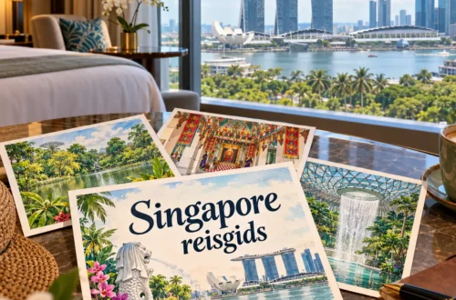 AI-illustratie in ansichtkaartstijl met Marina Bay, Gardens by the Bay en kleurrijke wijken in Singapore