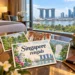 AI-illustratie in ansichtkaartstijl met Marina Bay, Gardens by the Bay en kleurrijke wijken in Singapore