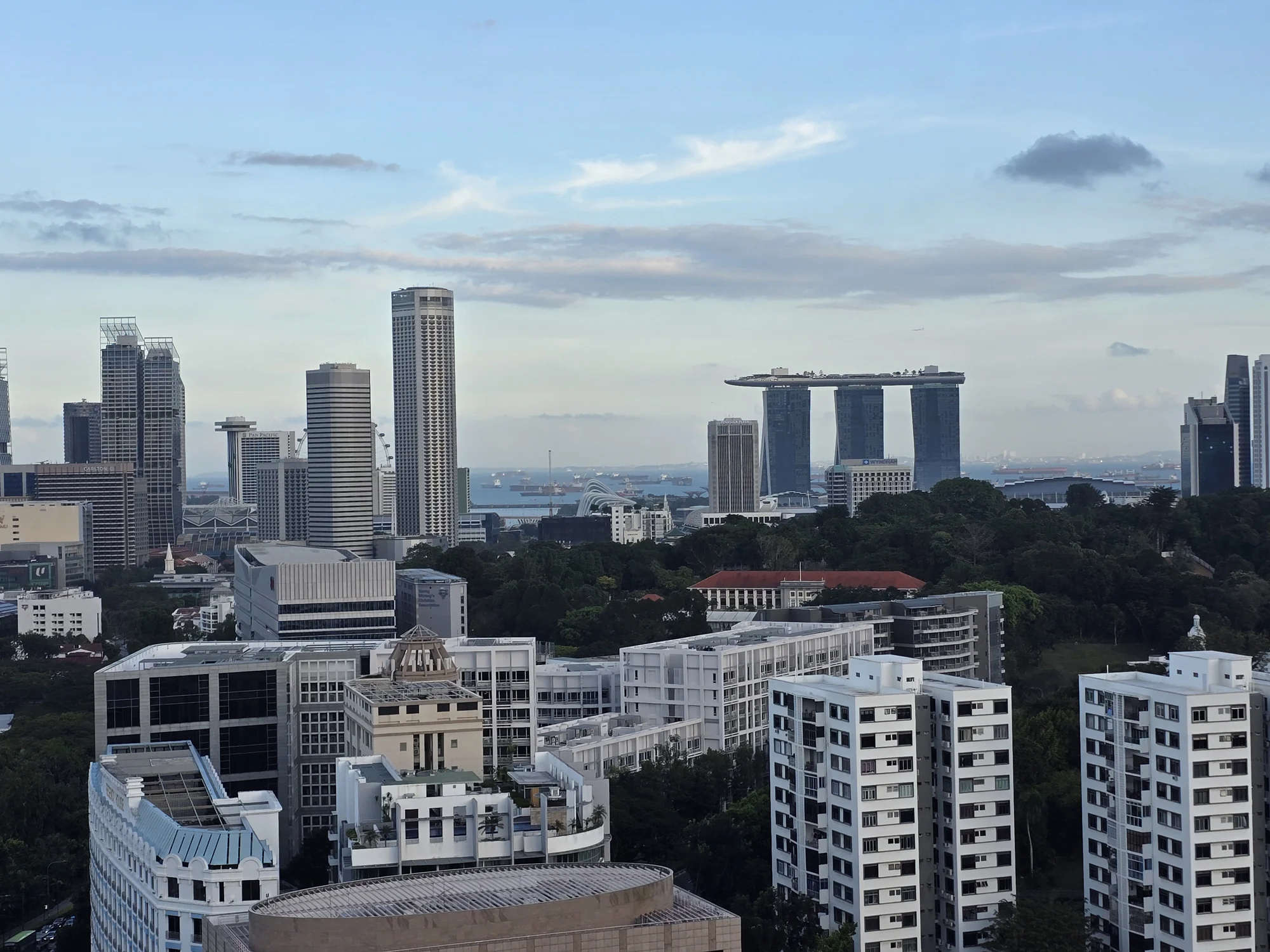 Uitzicht over gebouwen en groen in Singapore, met Marina Bay Sands in de verte