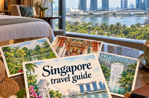 AI-generated postcard illustration with Marina Bay, tropical gardens and colorful Singapore neighborhoods