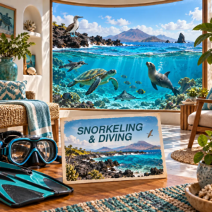 AI-generated illustration of a coastal room with an underwater view of a sea turtle, sea lion, ray and penguin, plus a blue-footed booby and a snorkeling postcard.