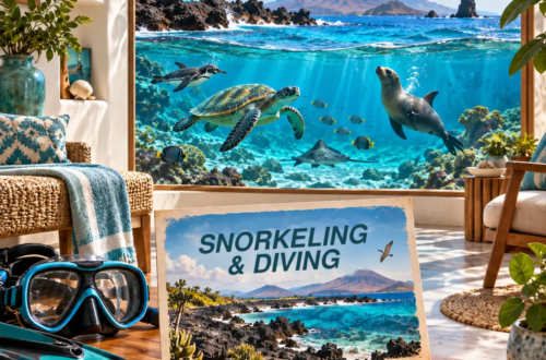 AI-generated illustration of a coastal room with an underwater view of a sea turtle, sea lion, ray and penguin, plus a blue-footed booby and a snorkeling postcard.
