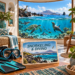 AI-generated illustration of a coastal room with an underwater view of a sea turtle, sea lion, ray and penguin, plus a blue-footed booby and a snorkeling postcard.