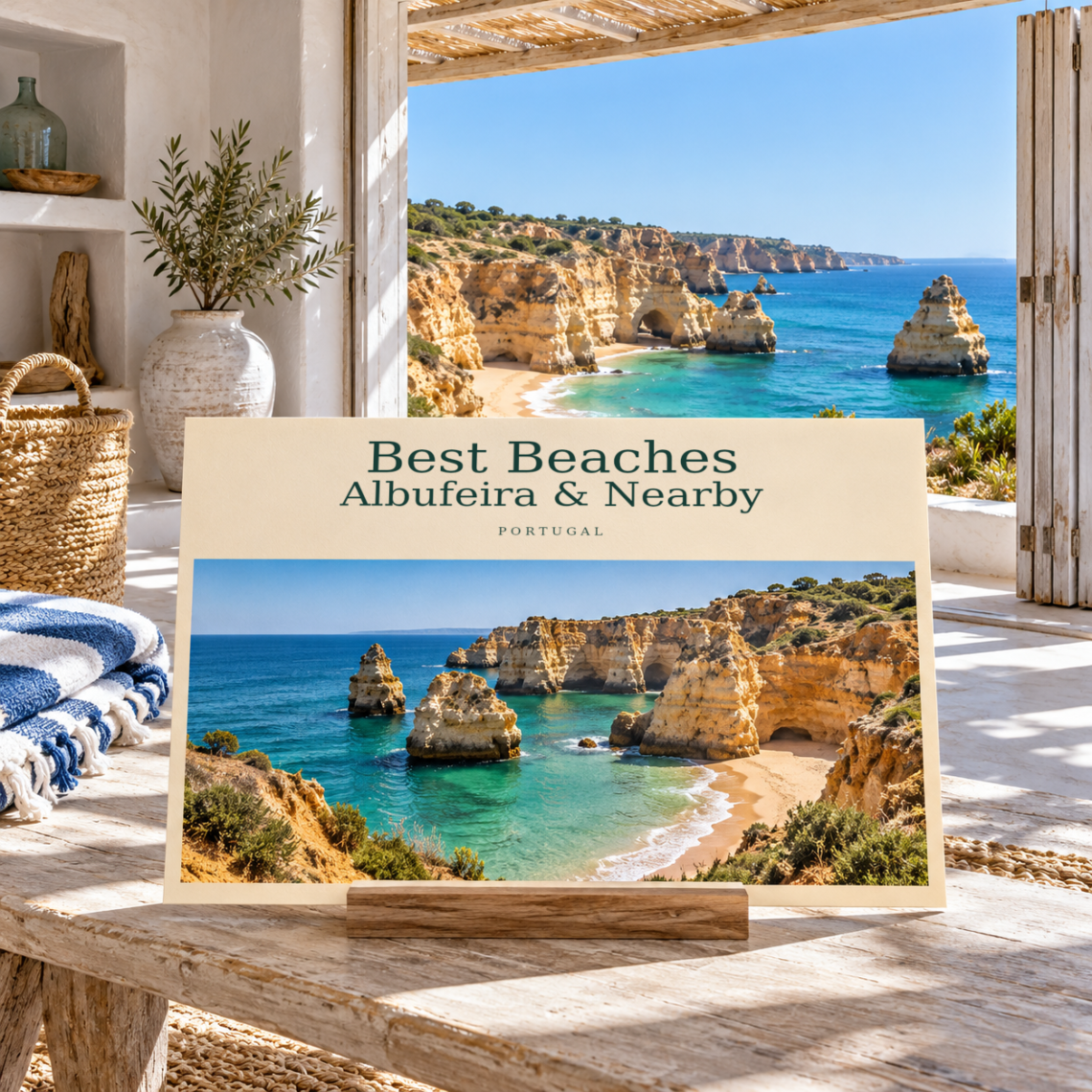 AI illustration with a postcard for Best Beaches — Albufeira & Nearby, beside a window overlooking the Algarve.