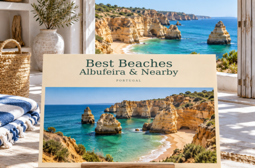 AI illustration with a postcard for Best Beaches — Albufeira & Nearby, beside a window overlooking the Algarve.