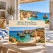AI illustration with a postcard for Best Beaches — Albufeira & Nearby, beside a window overlooking the Algarve.