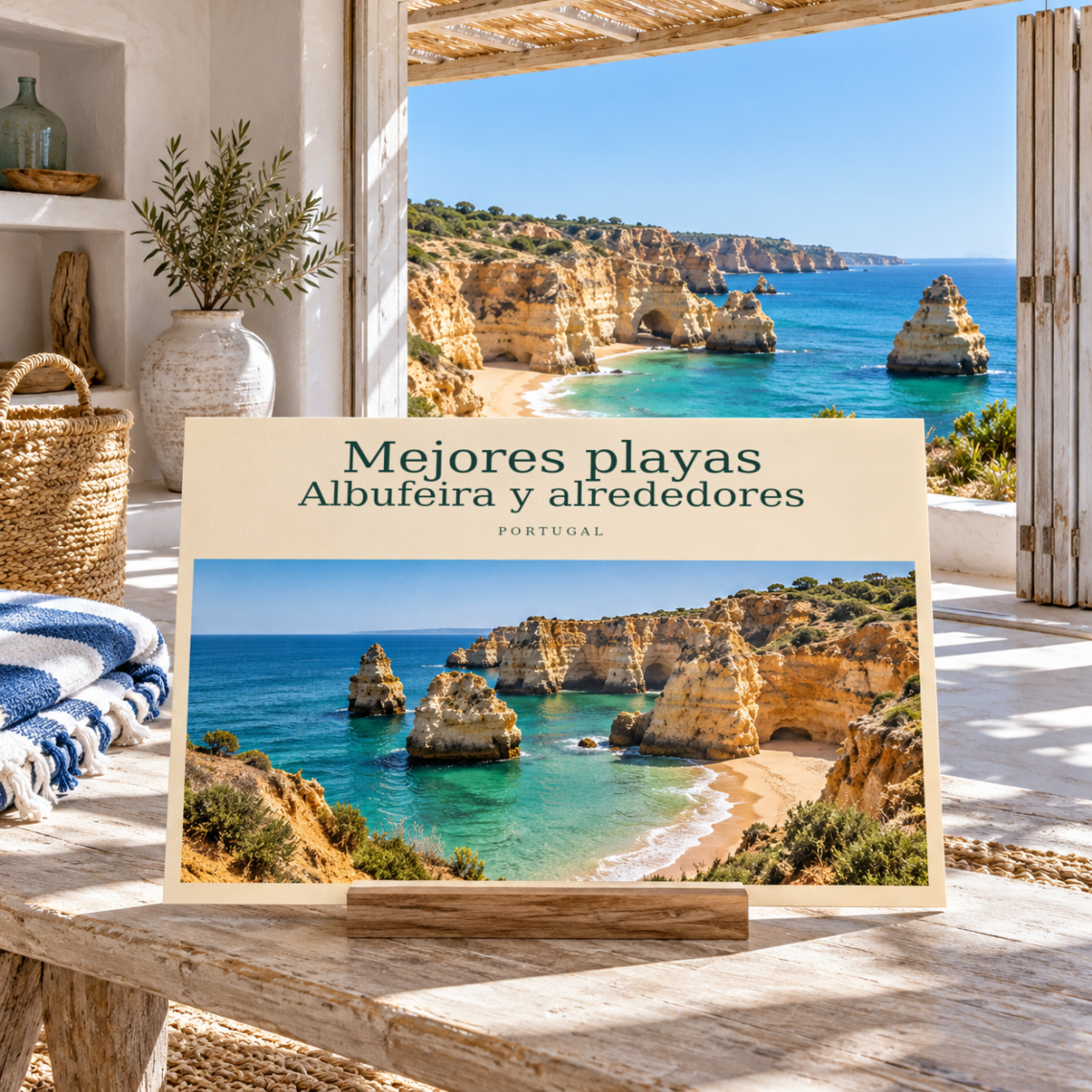 Ilustración con IA de una postal sobre Mejores playas — Albufeira y alrededores, junto a una ventana con vistas al Algarve.
