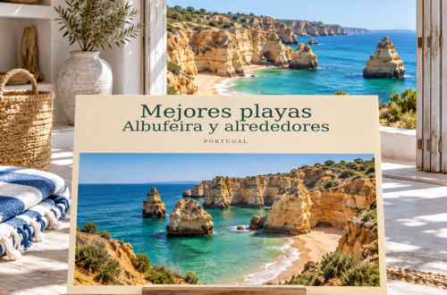 Ilustración con IA de una postal sobre Mejores playas — Albufeira y alrededores, junto a una ventana con vistas al Algarve.