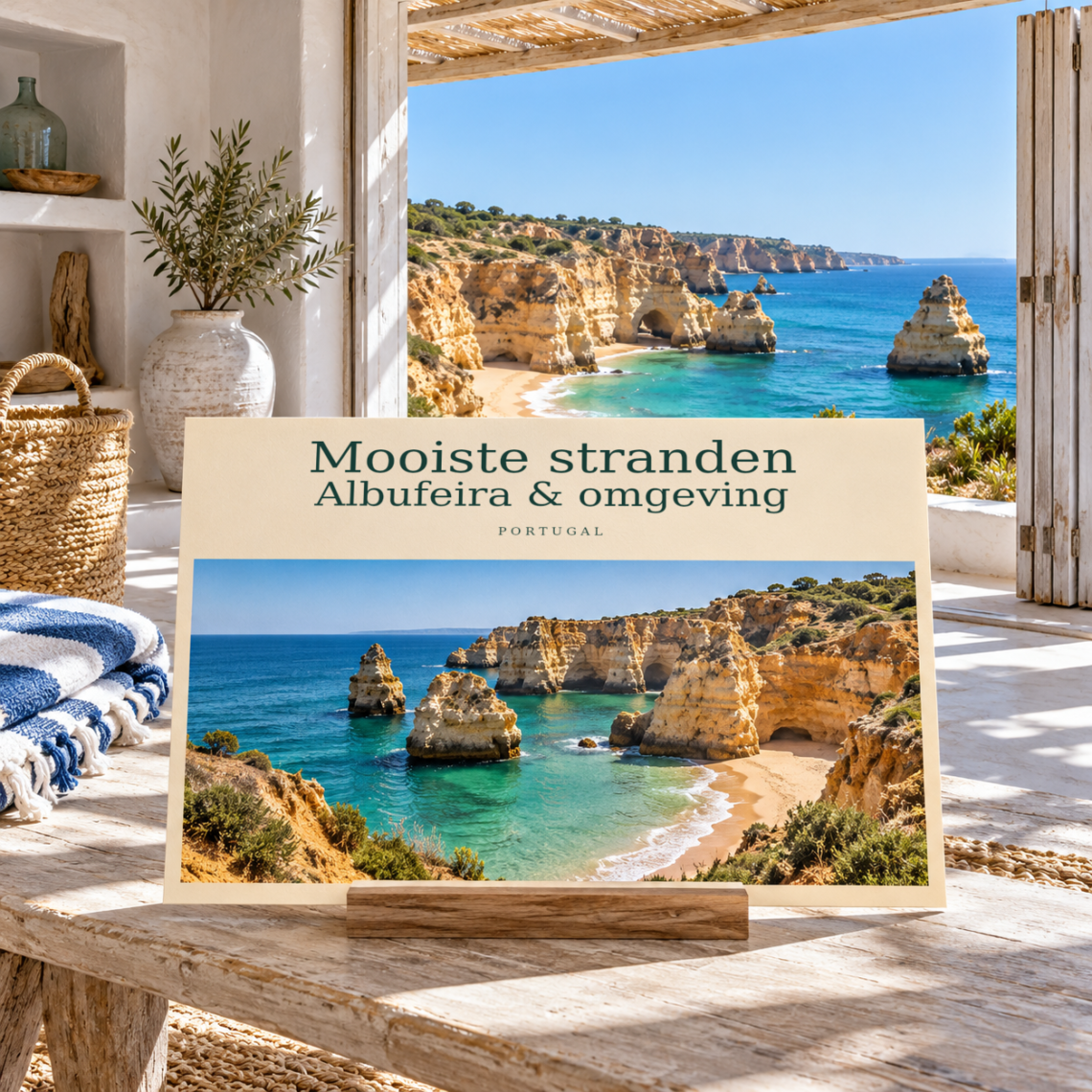AI-illustratie in ansichtkaartstijl voor Stranden van Albufeira.
