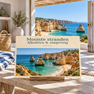 AI-illustratie in ansichtkaartstijl voor Stranden van Albufeira.
